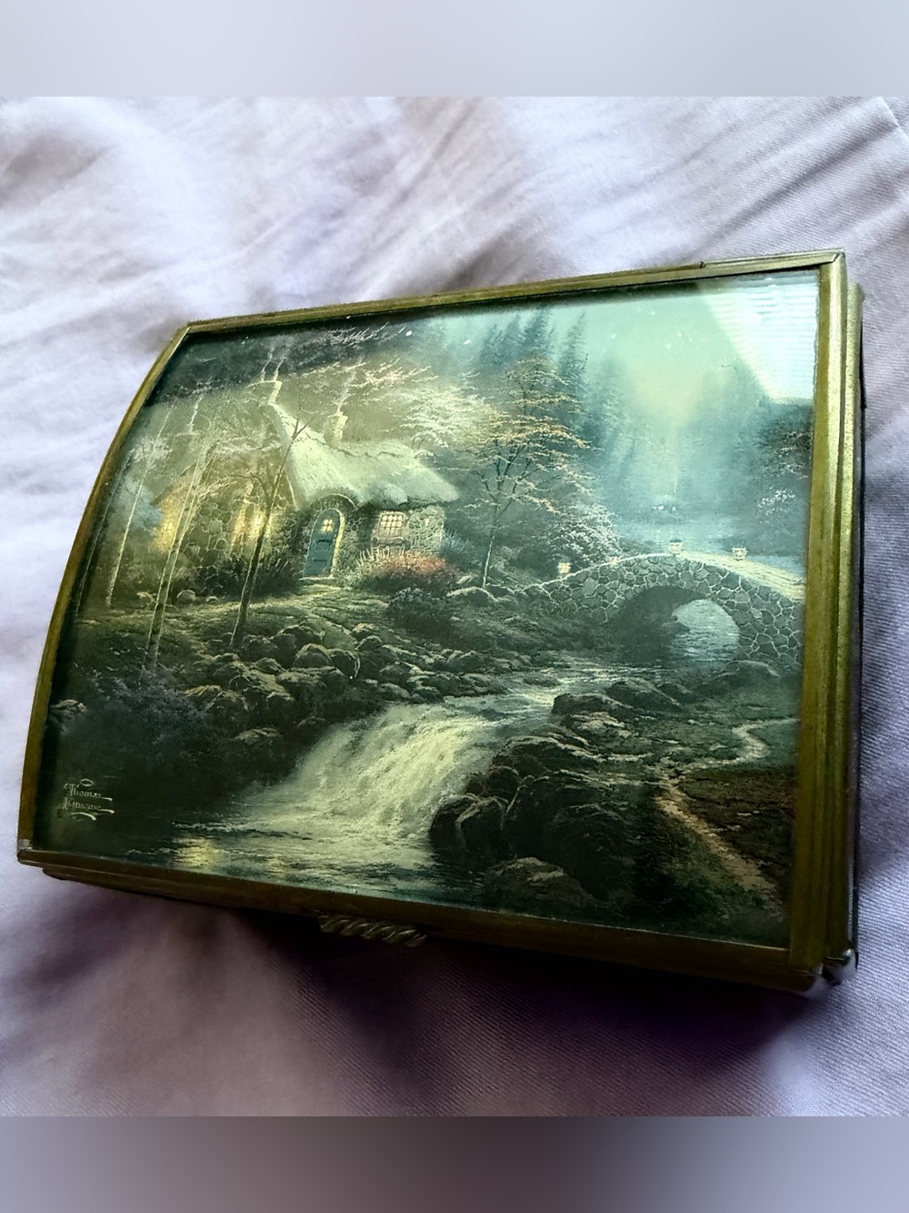 Enesco Glass VTG Music Box w/Thomas Kincaid Litho on Convex Lid Moonlight Sonata